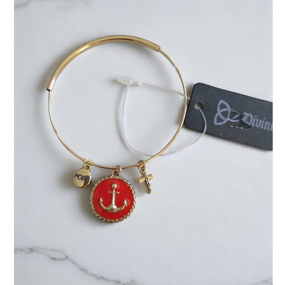 Adjustable Nautical Anchor Bangle Bracelet Red Enamel